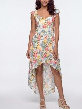 Floral Tropical High-Low Flutter Sleeve Sundress in White Orange Yellow Green